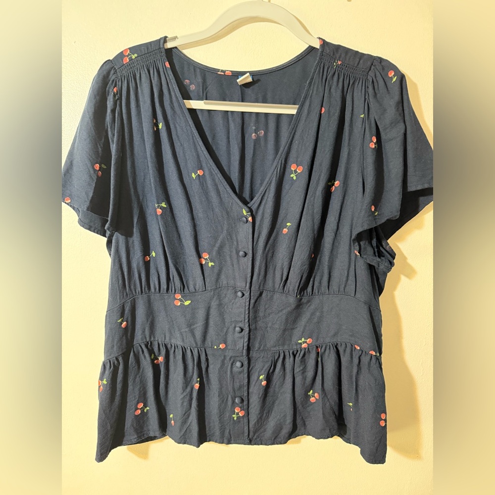 Old Navy Dark Blue Cherry Pattern Blouse